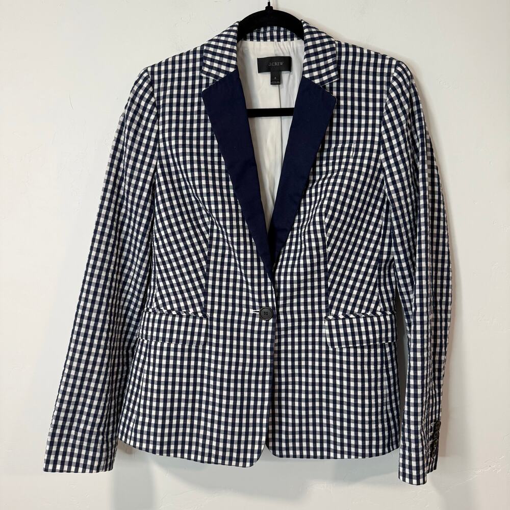 J. Crew‎ Women's Blazer Jacket Puckered Gingham Check Navy Blue White 6 Cotton